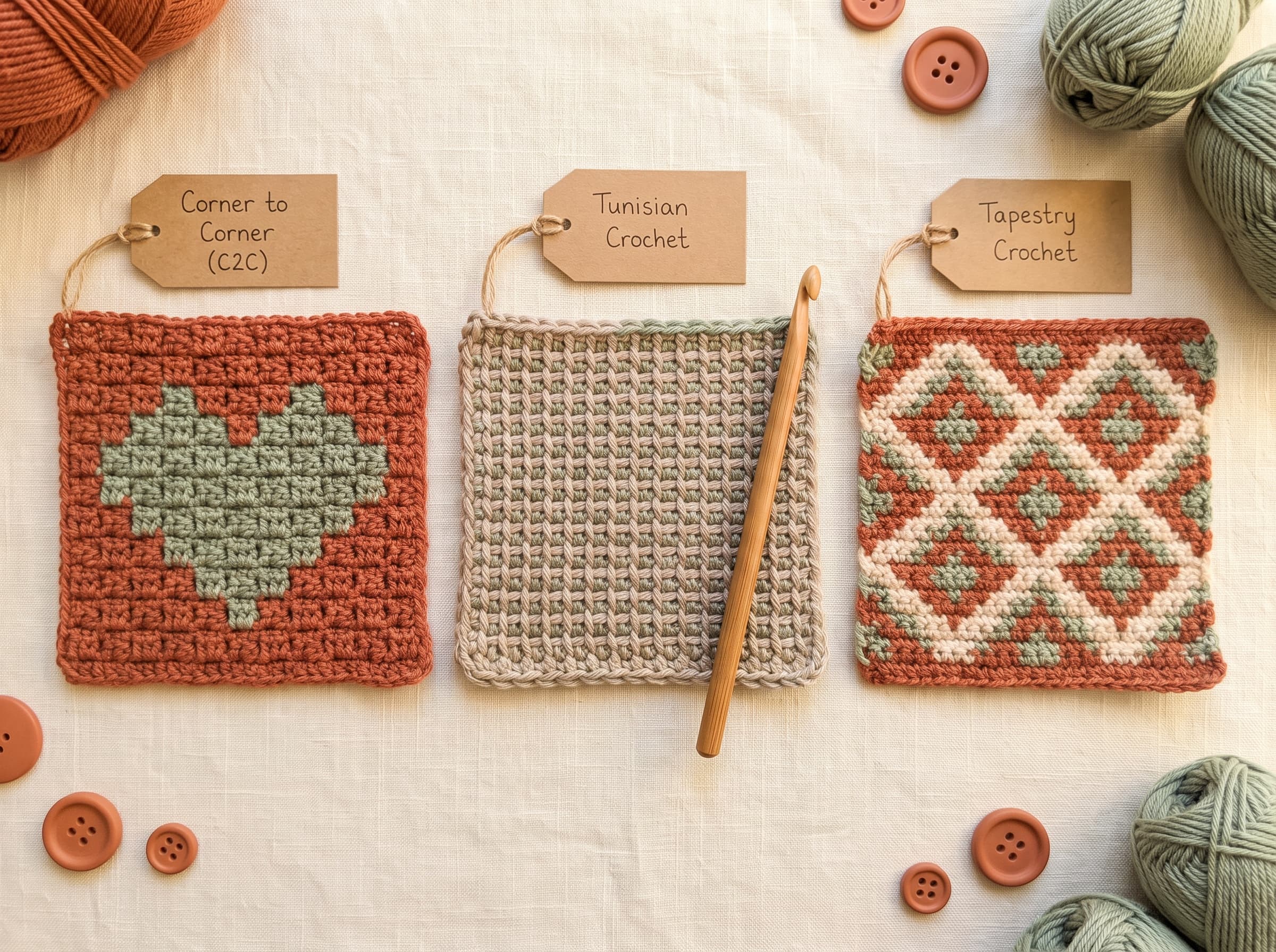 Three crochet swatches labeled corner to corner, Tunisian, and tapestry crochet, each showing a different advanced technique.