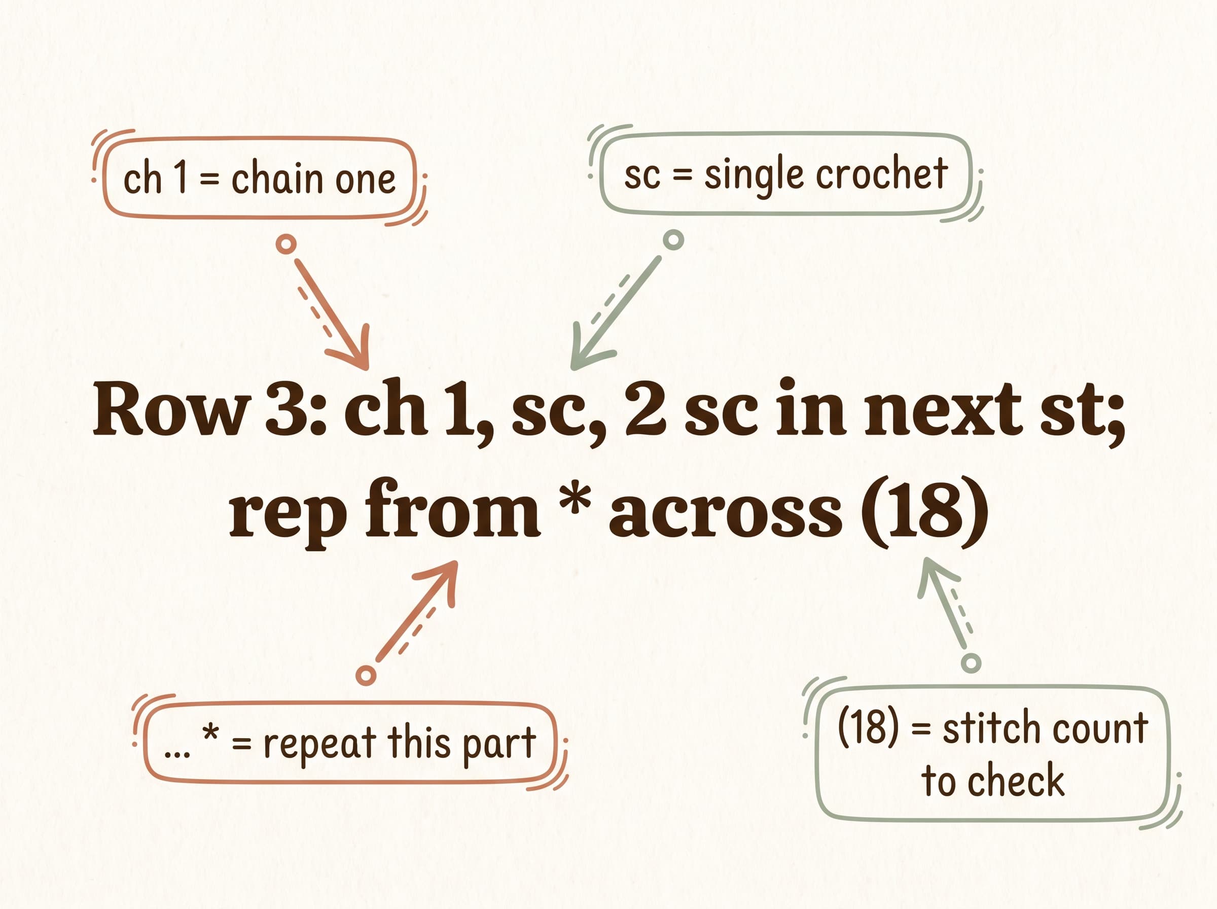 Annotated crochet pattern line explaining chain, single crochet, the repeat asterisks, and the stitch count in parentheses.