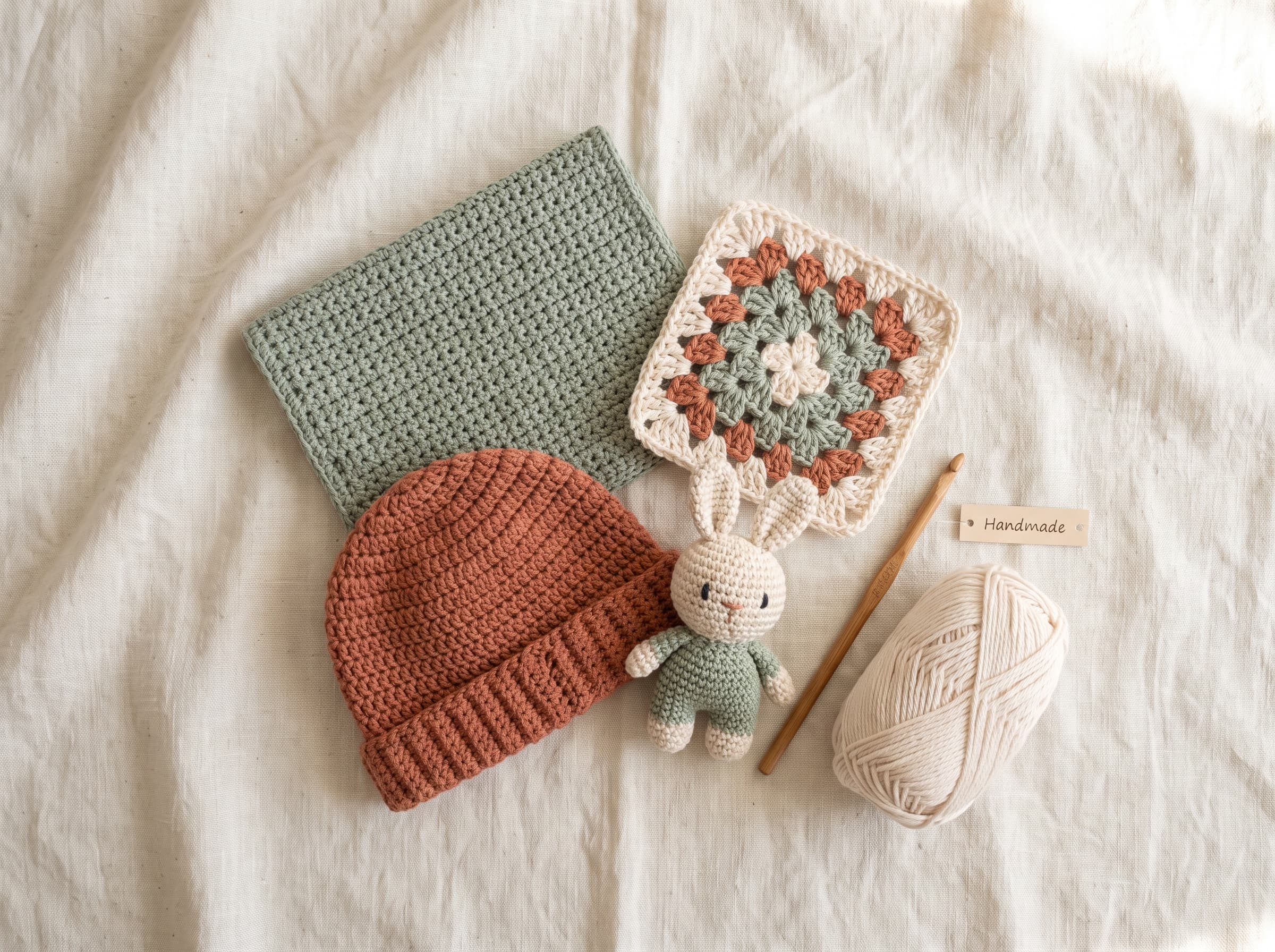 Four finished beginner crochet projects, a washcloth, granny square, beanie, and small amigurumi, arranged on linen.