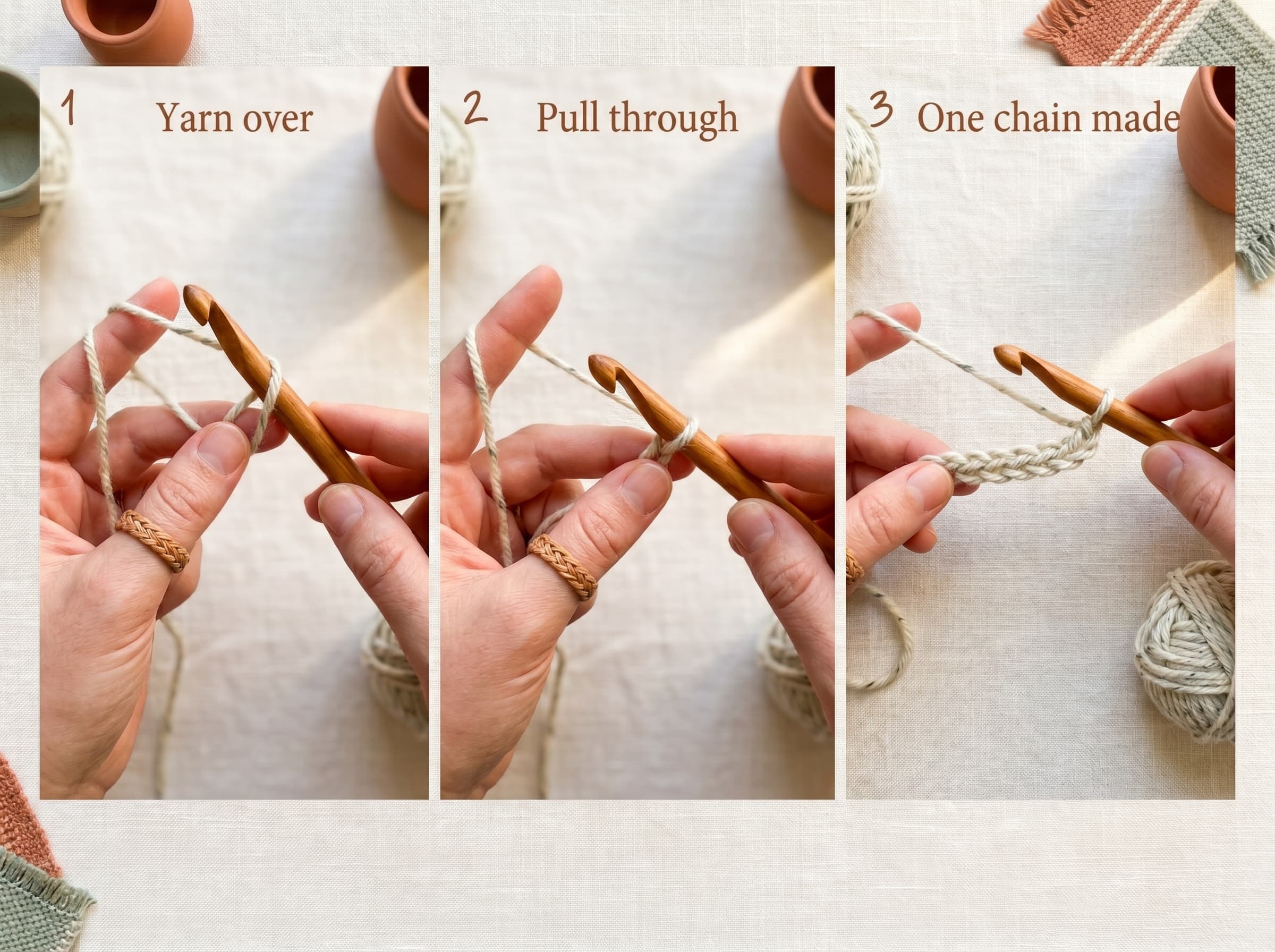 Three-step photo sequence showing how to make a crochet chain stitch: yarn over, pull through, and a finished row of chains.