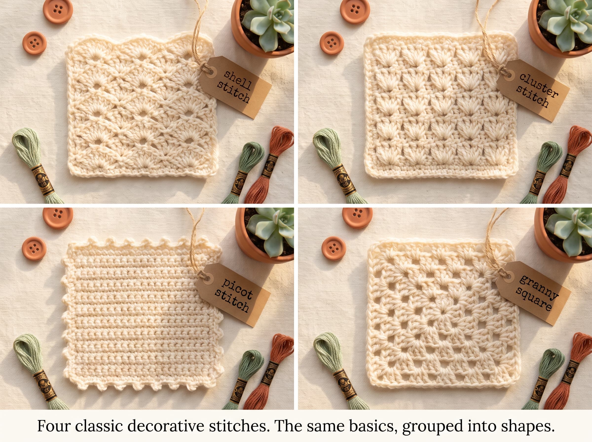 Four crochet swatches labeled shell, cluster, picot, and granny square, showing classic decorative stitch patterns in cream yarn.