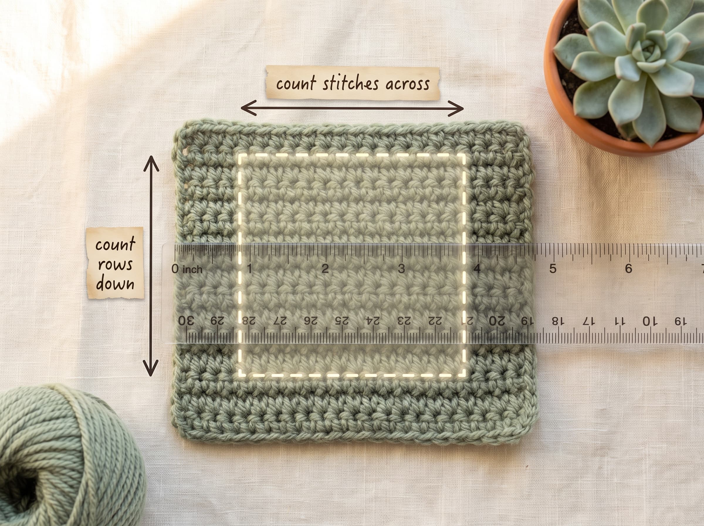 Crochet gauge swatch with a ruler measuring a 4 inch section, labeled to show counting stitches across and rows down.