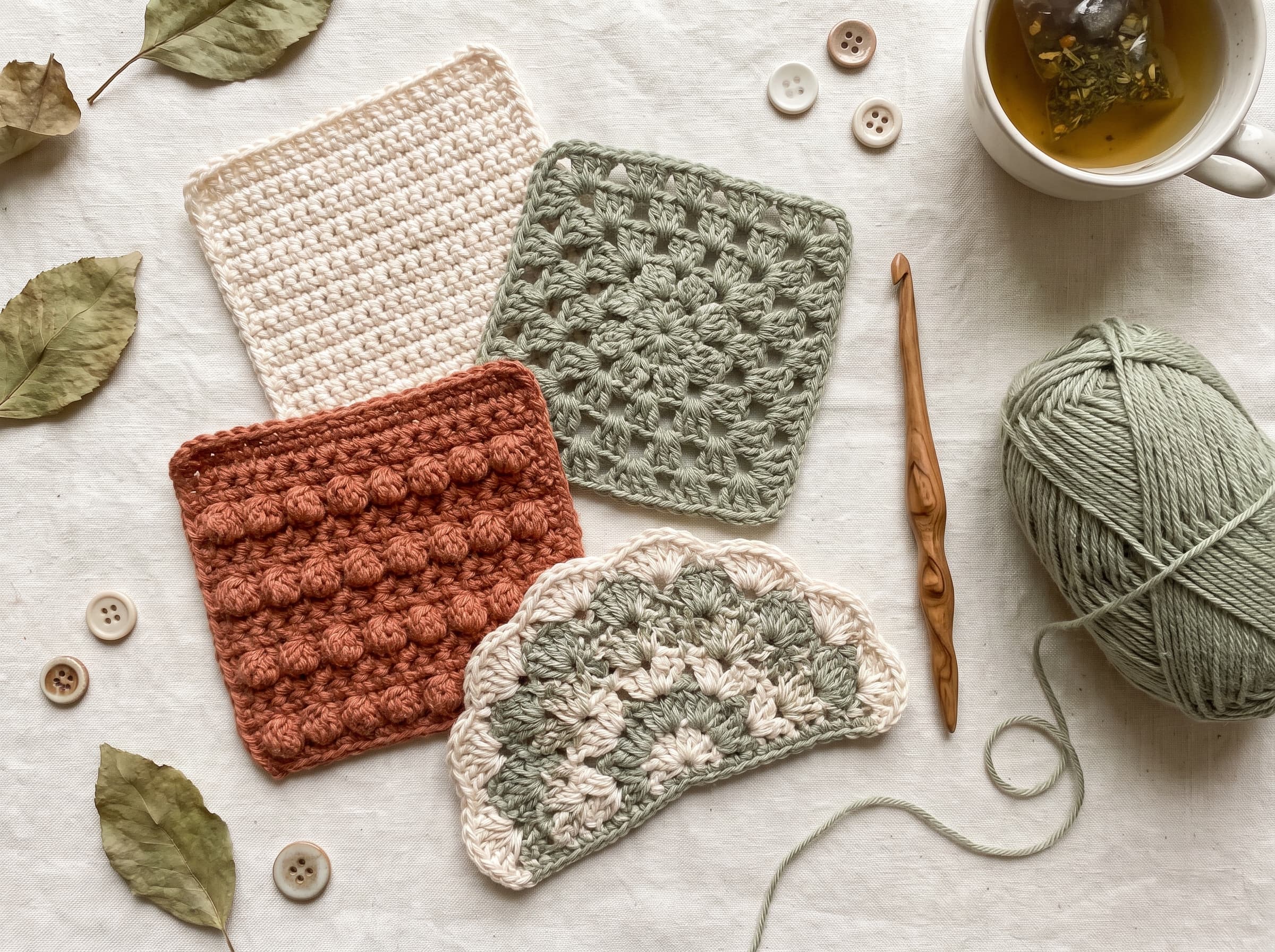 A row of crochet stitch swatches in assorted yarn colors.