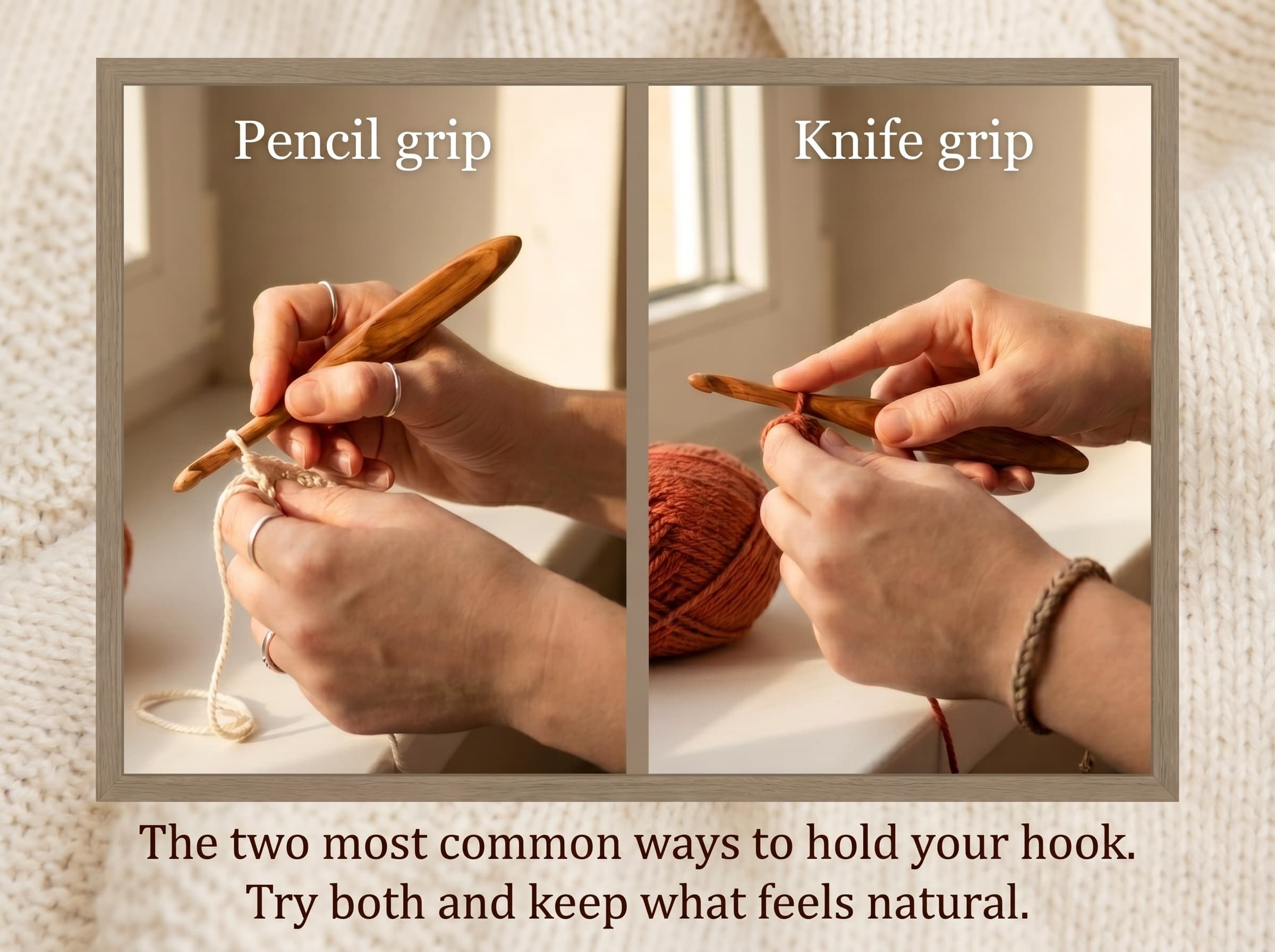 Side-by-side comparison of the pencil grip and knife grip for holding a crochet hook.