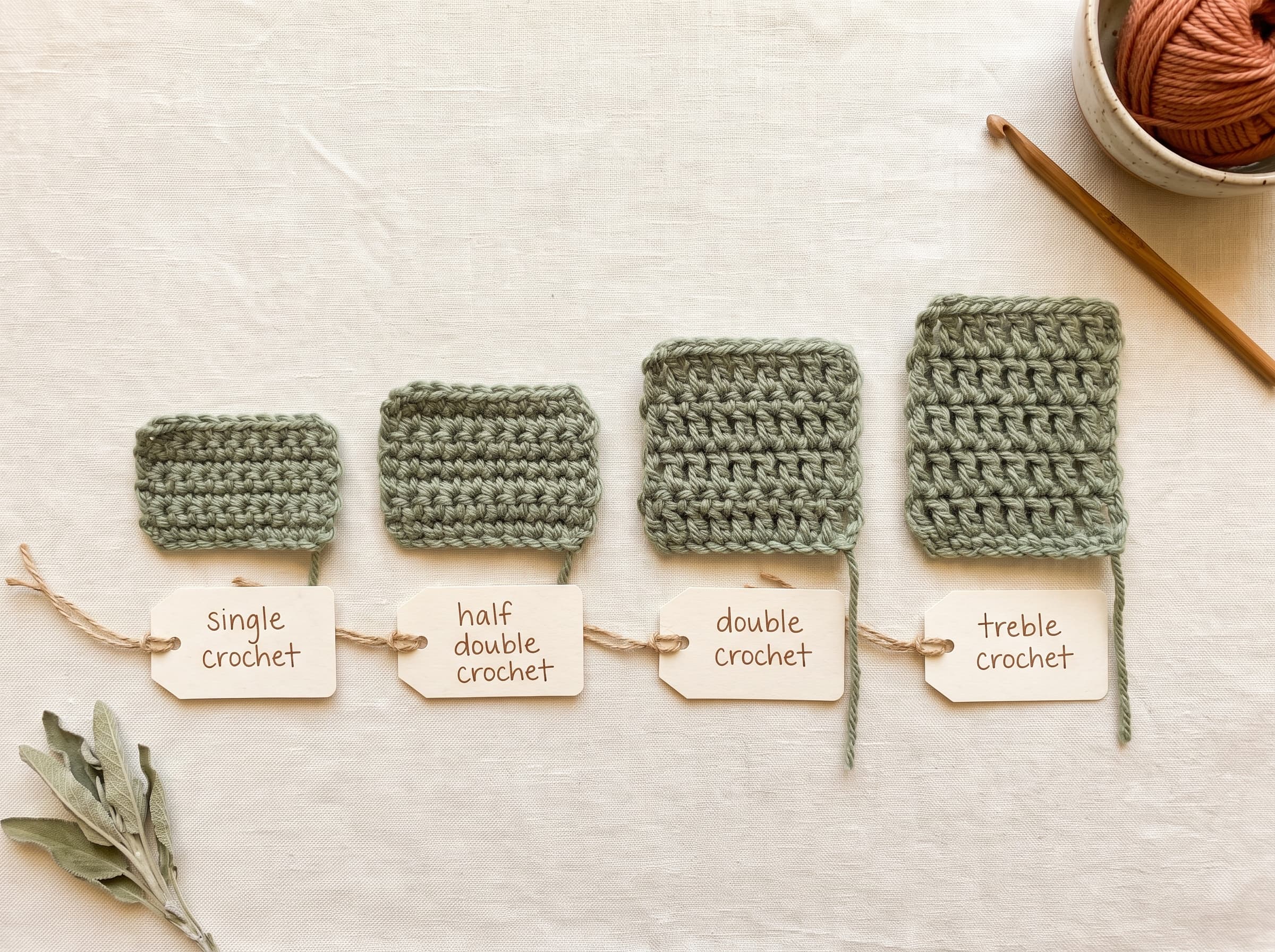 Four crochet swatches labeled single, half double, double, and treble crochet, lined up to show their increasing heights.