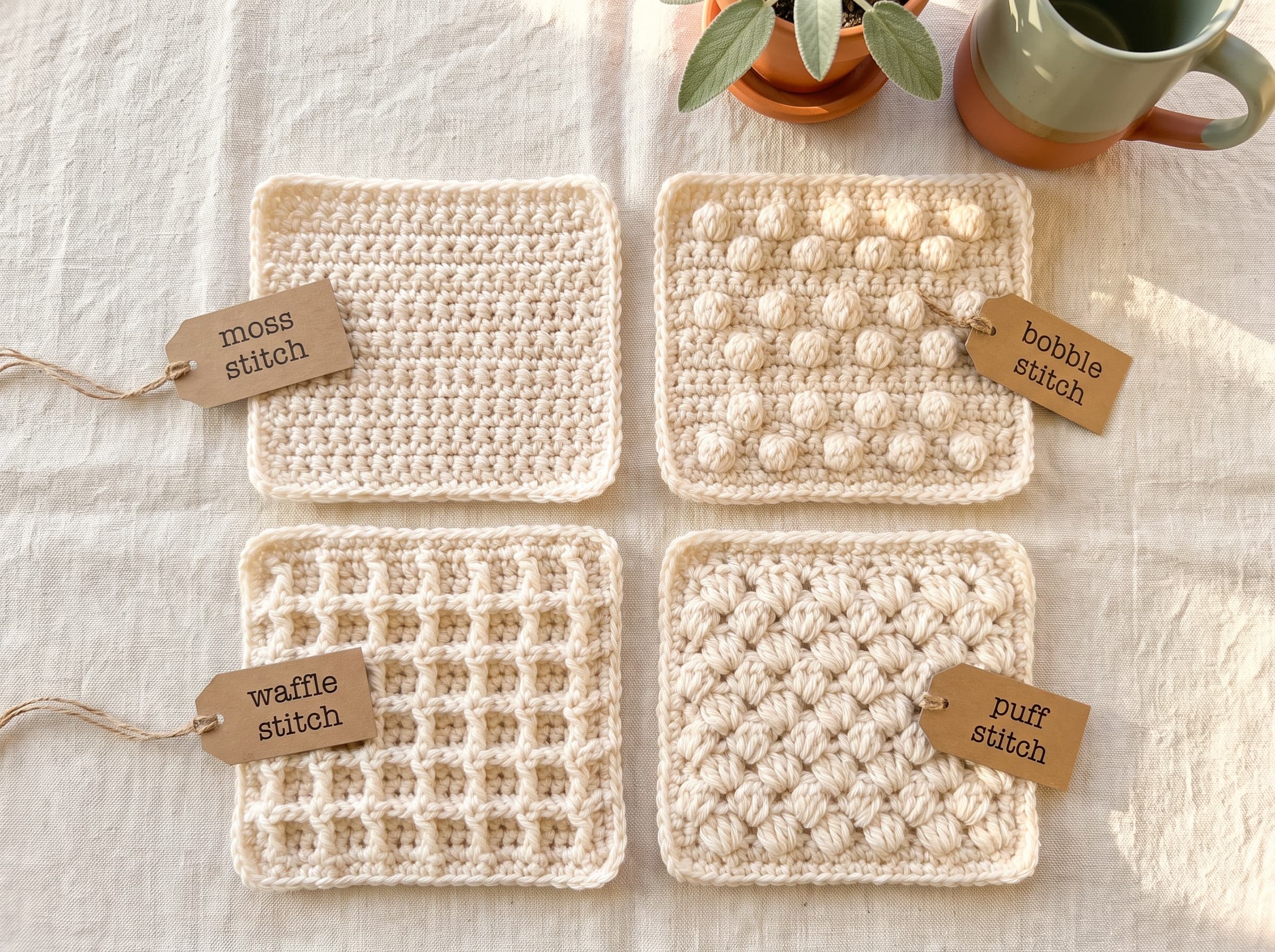 Four crochet swatches labeled moss, bobble, waffle, and puff stitch, each showing a different texture in the same cream yarn.