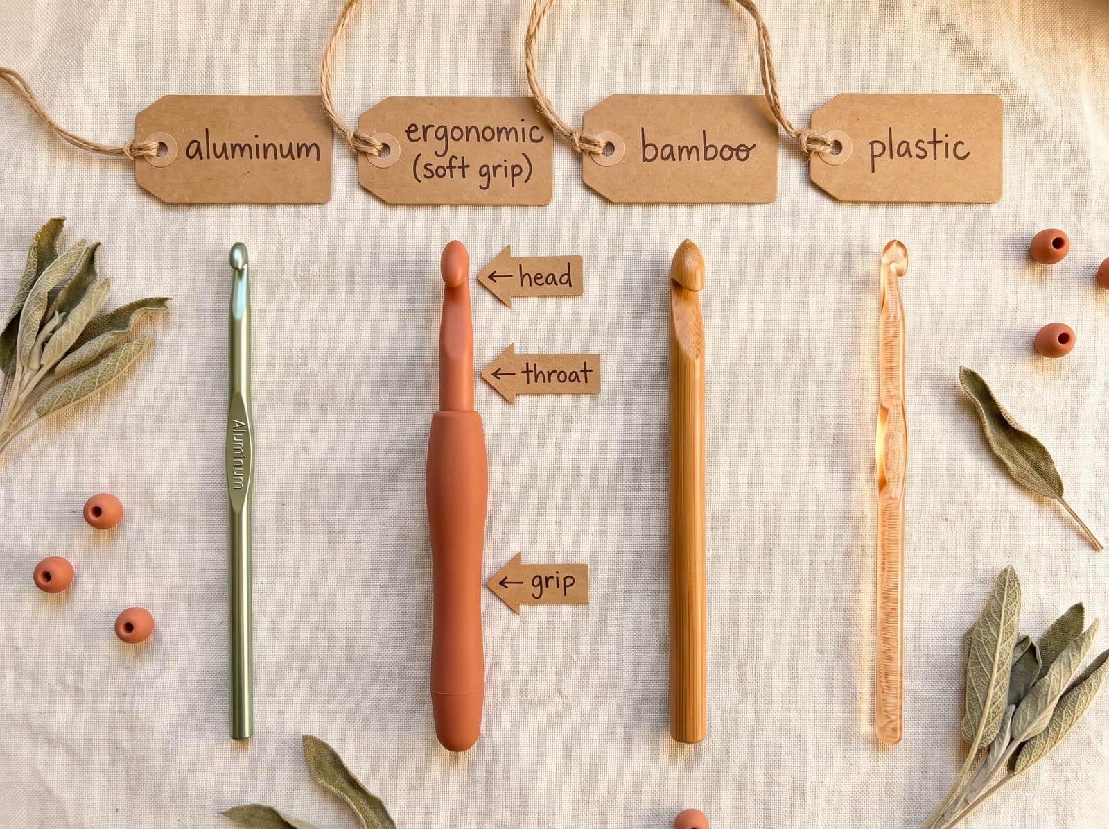 Crochet hooks labeled by material (aluminum, ergonomic, bamboo, plastic) with one hook's parts labeled head, throat, and grip.