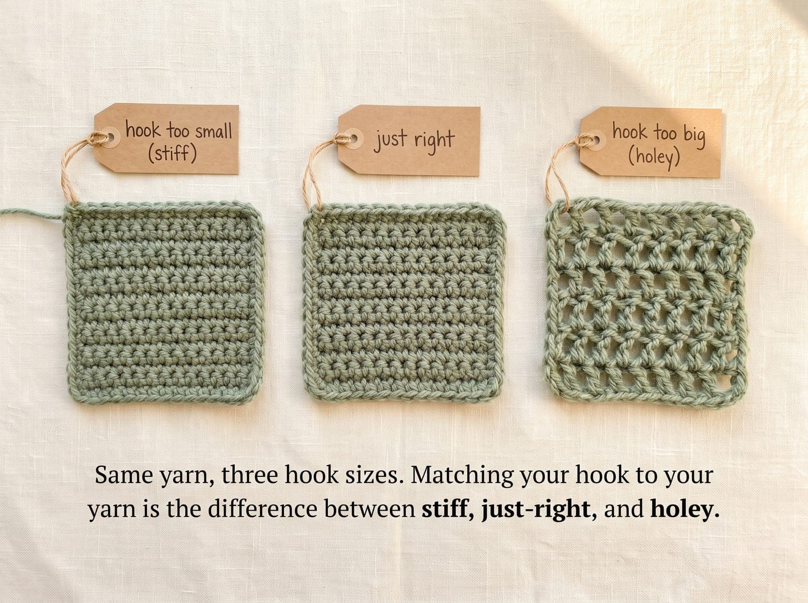 Three crochet swatches in the same yarn showing a hook too small (stiff), just right, and too big (holey).