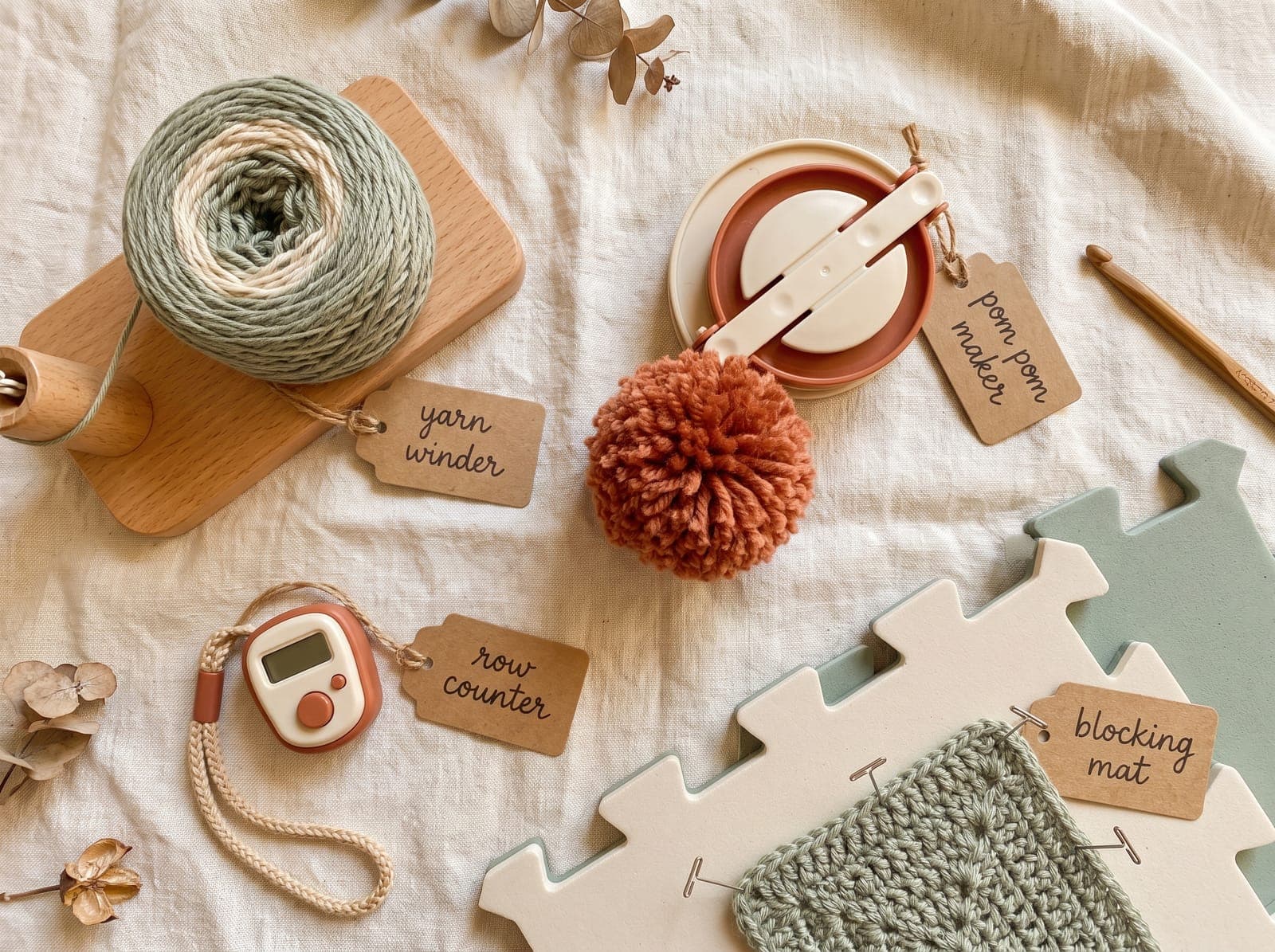 Flat-lay of nice-to-have crochet tools labeled yarn winder, pom pom maker, row counter, and blocking mat.