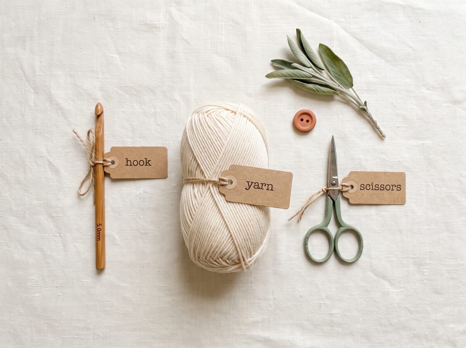 Flat-lay of the three crochet essentials labeled hook, yarn, and scissors on cream linen.