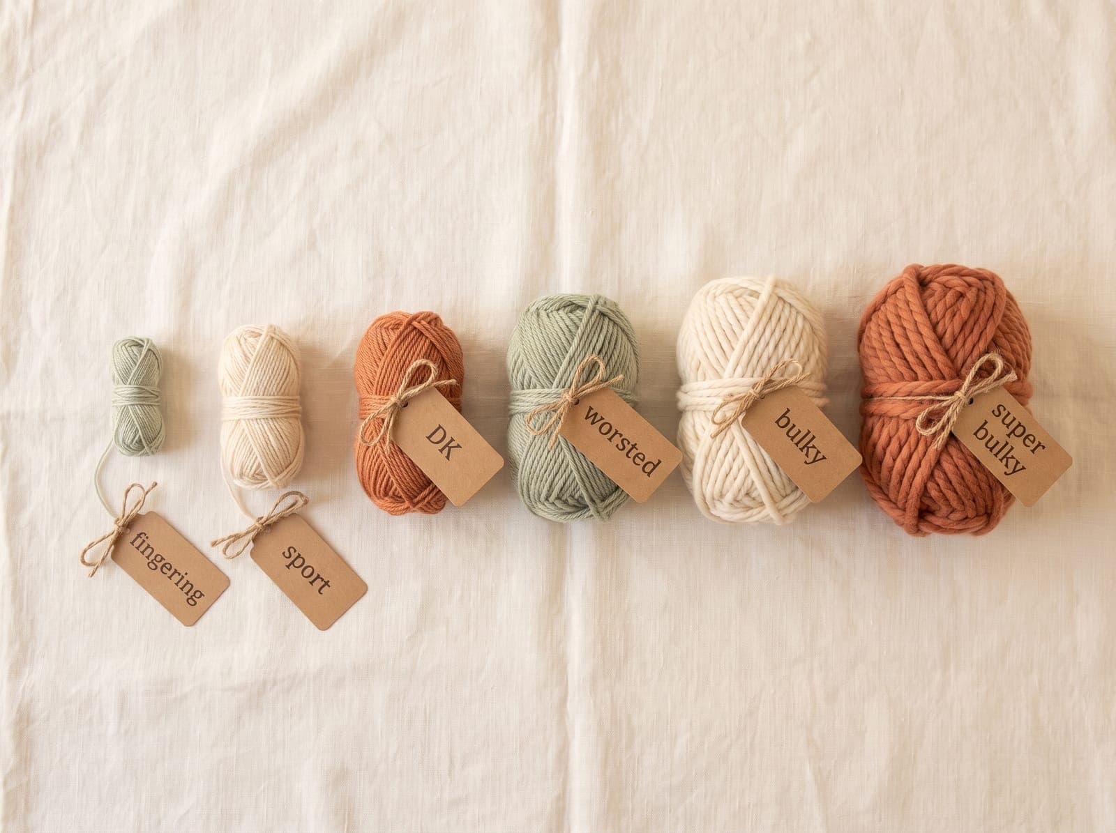 Yarn strands labeled fingering, sport, DK, worsted, bulky, and super bulky, lined up thinnest to thickest to show weight differences.