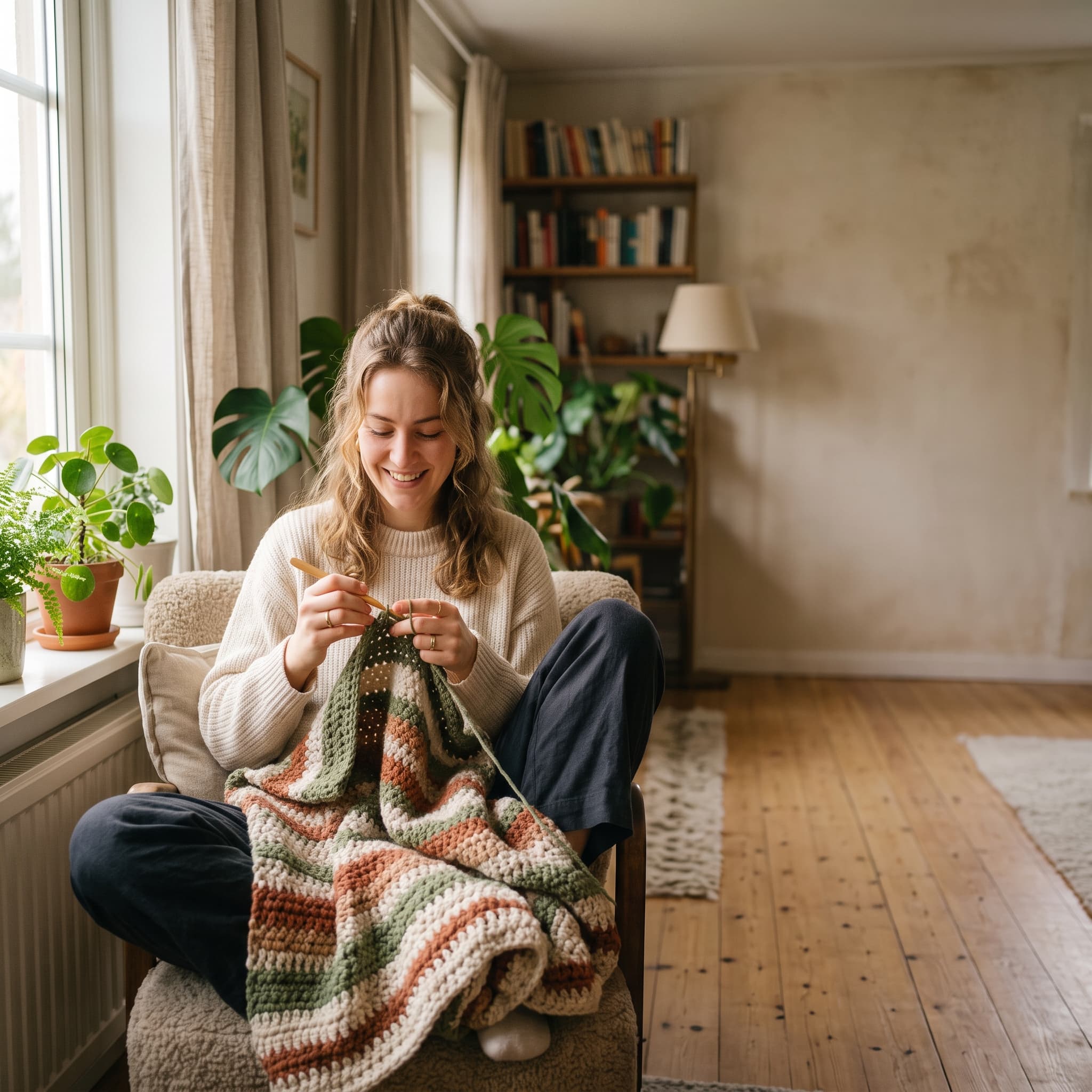 A smiling woman crocheting a striped blanket in a sunlit, plant-filled living room