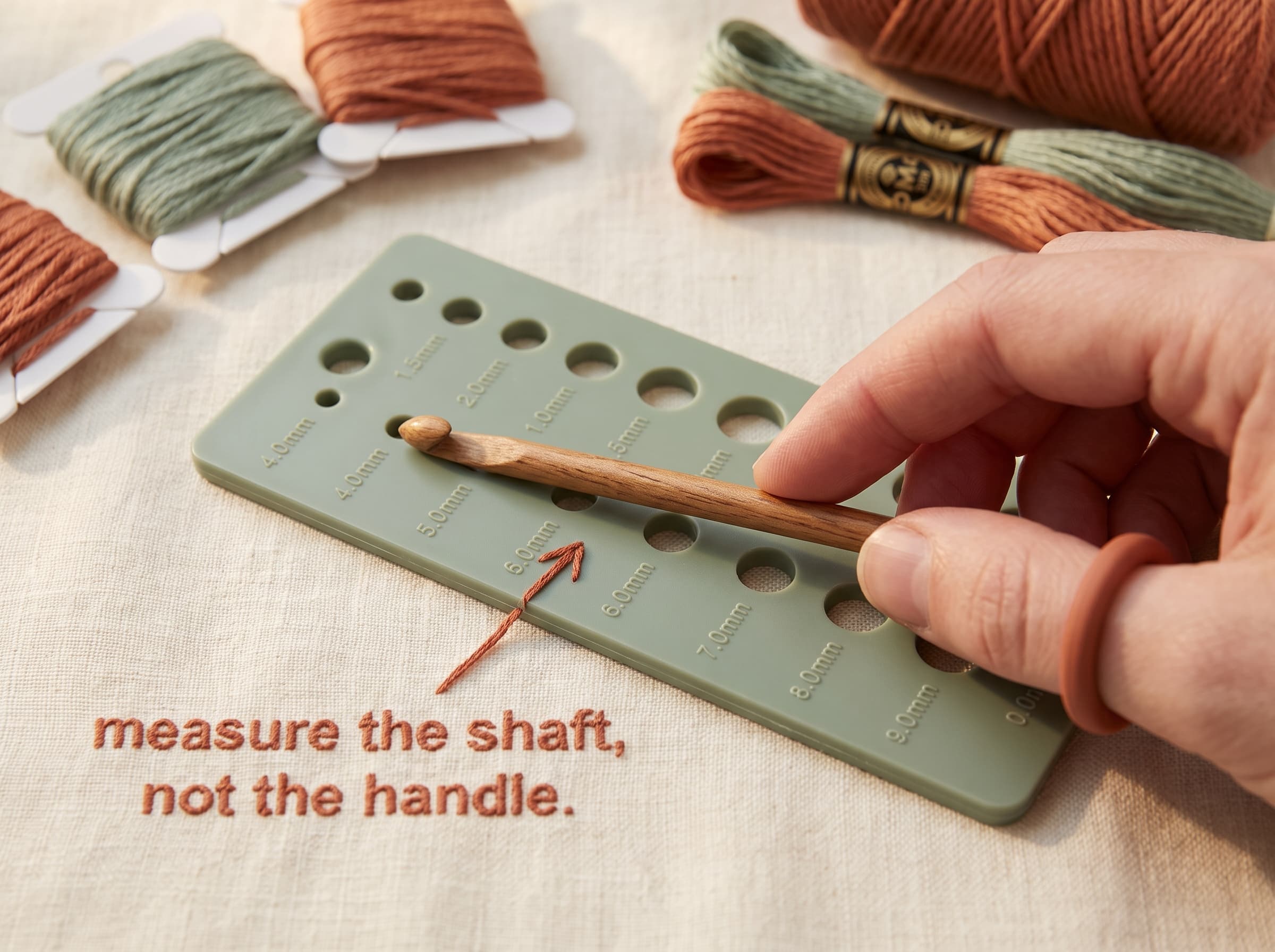 A crochet hook shaft being measured through a hook gauge to find its size.