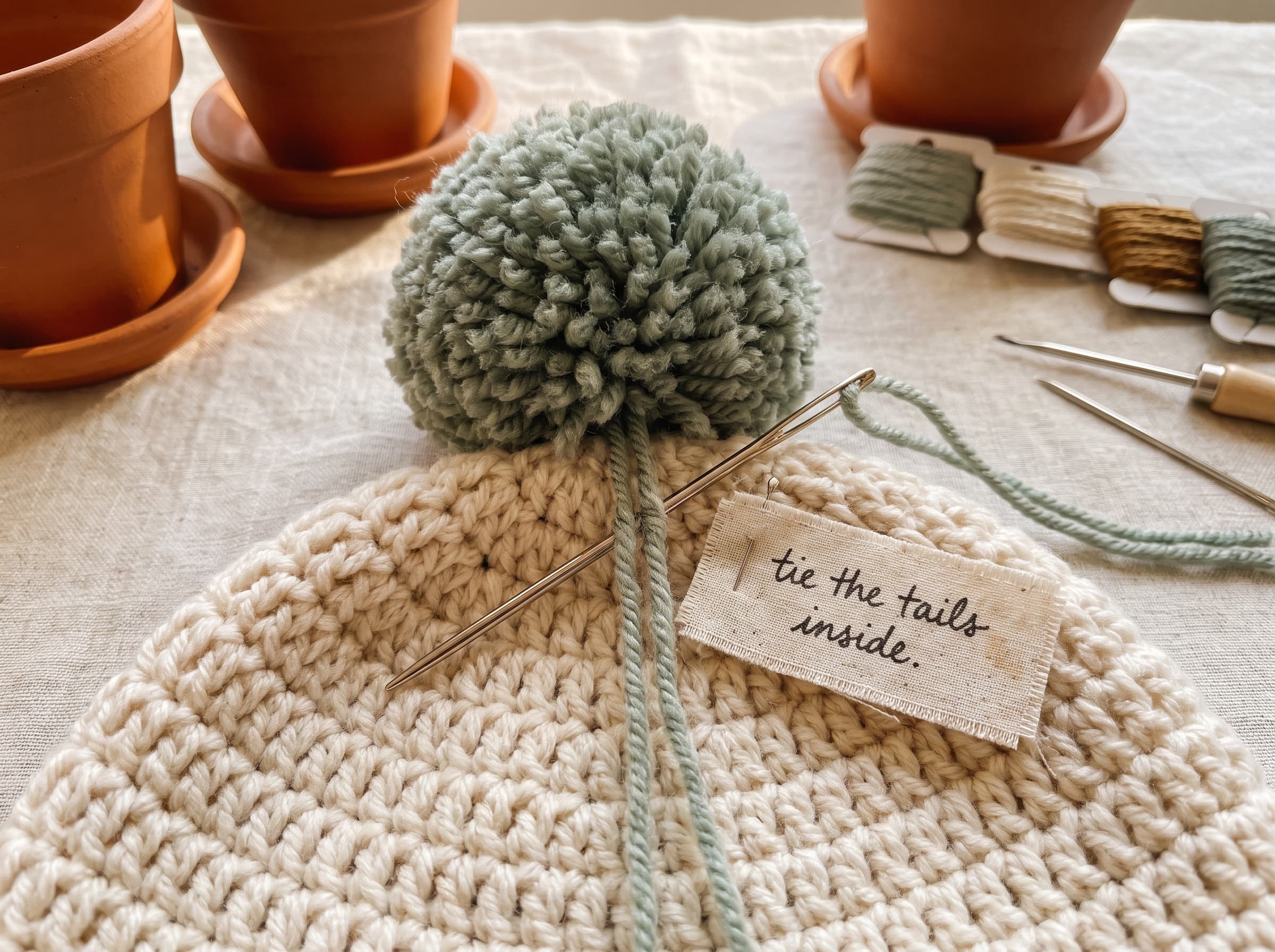Attaching a yarn pom pom to the top of a crochet hat by sewing the center tails through with a tapestry needle.