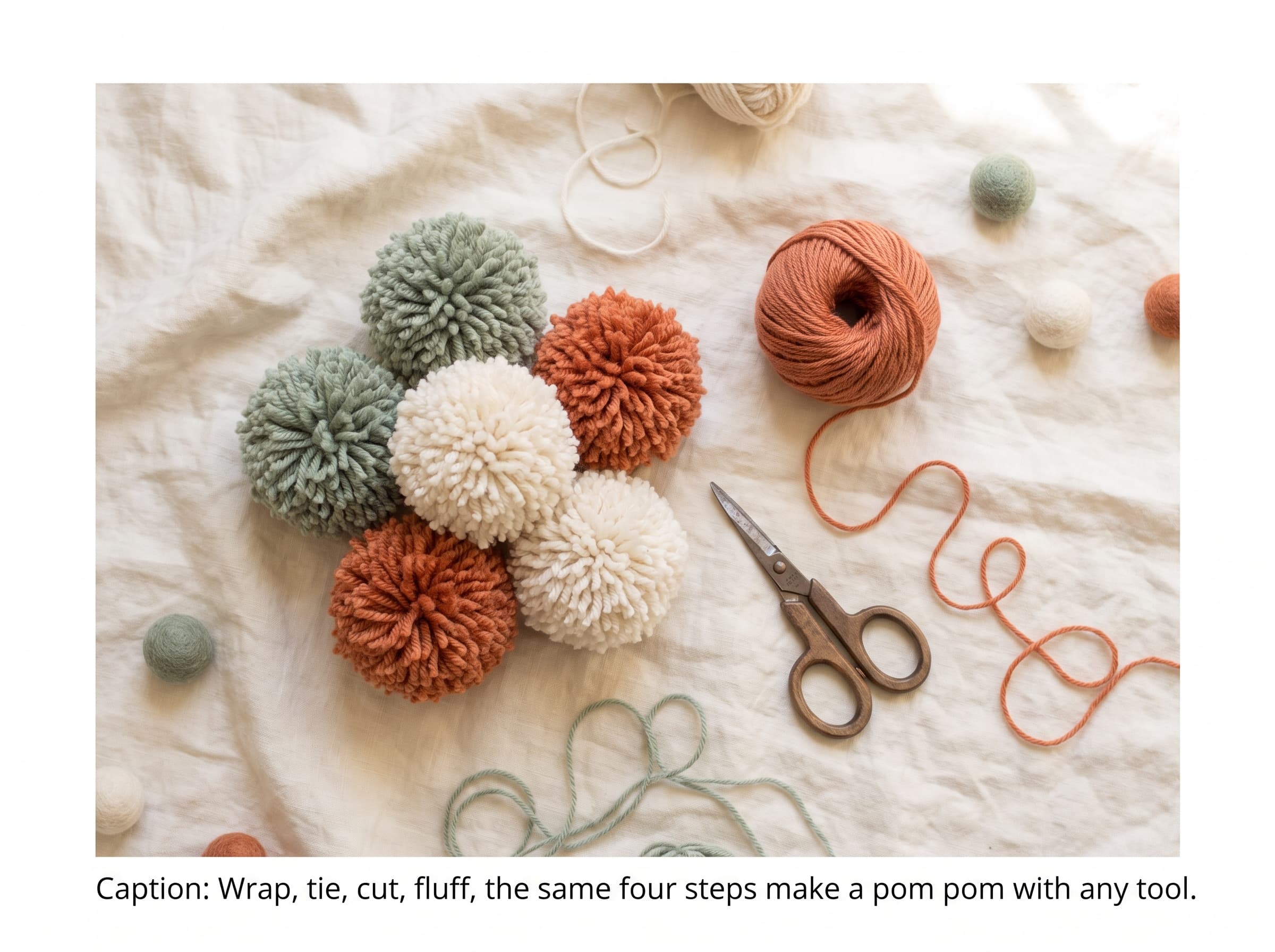 A pile of fluffy finished yarn pom-poms.