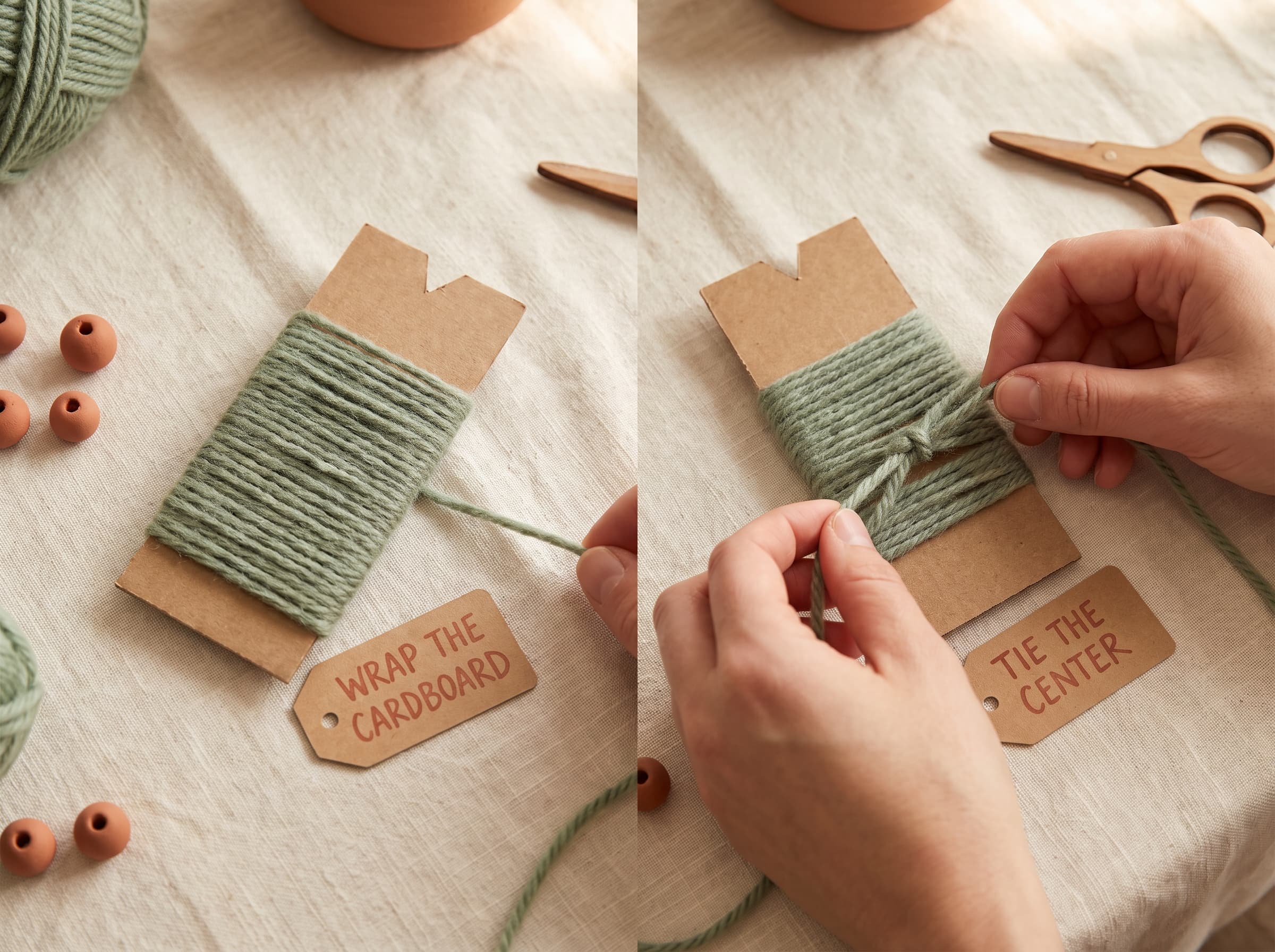 Making a pom pom with cardboard: yarn wrapped around a notched cardboard strip and tied tightly in the center.