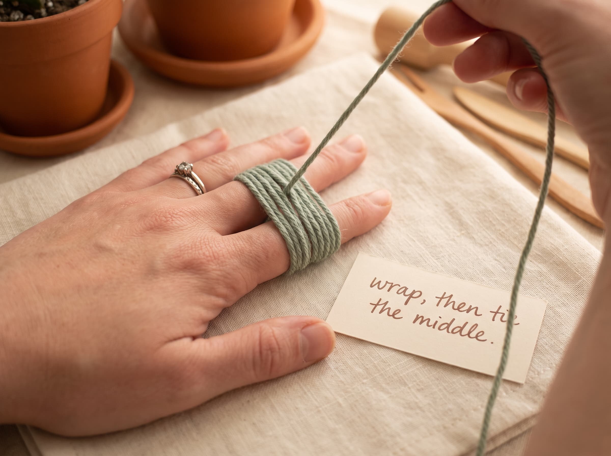 Making a pom pom by hand: yarn wrapped around three fingers, ready to tie in the center.