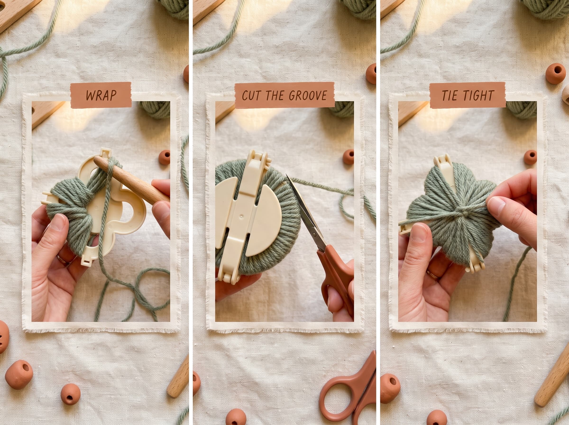 Steps for making a pom pom with a pom pom maker: wrapping the arm, cutting along the groove, and tying the center.