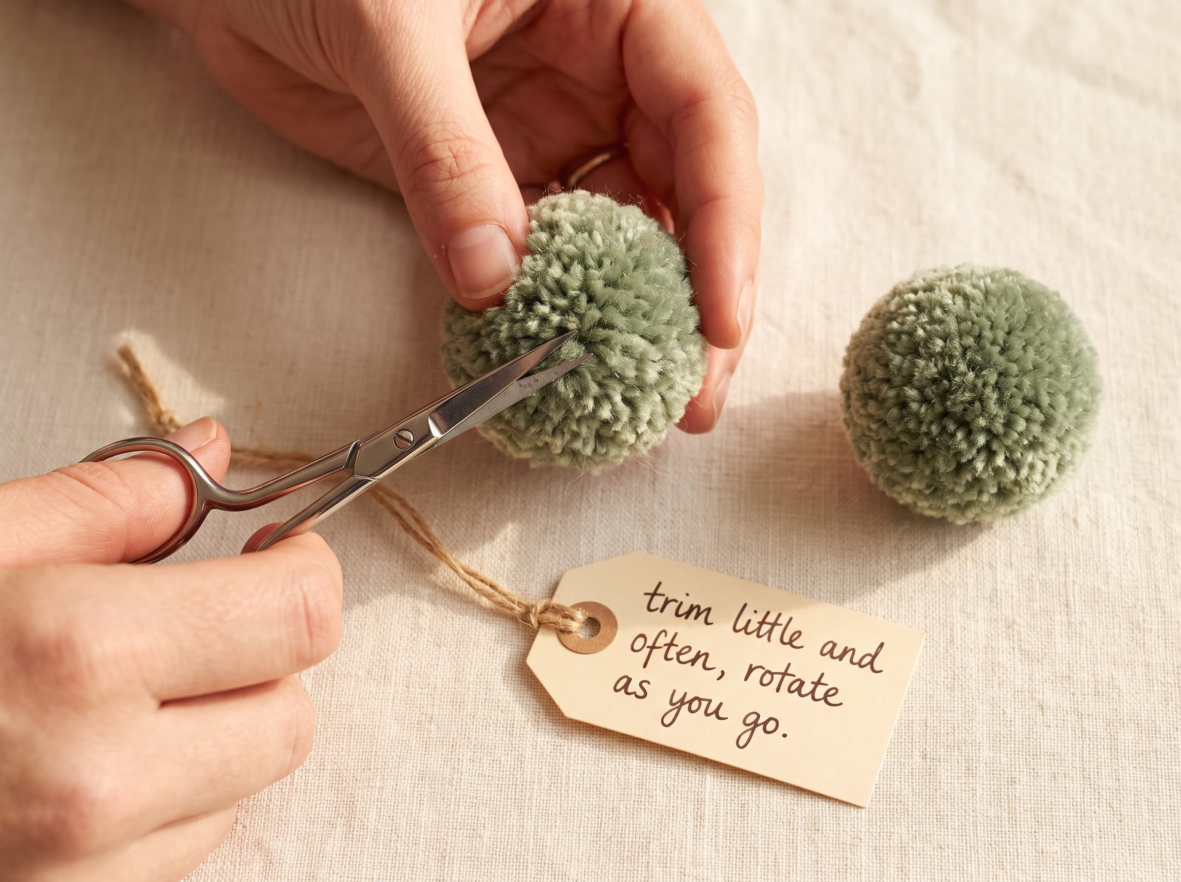 Trimming a yarn pom pom into an even round ball with scissors, rotating it while cutting.