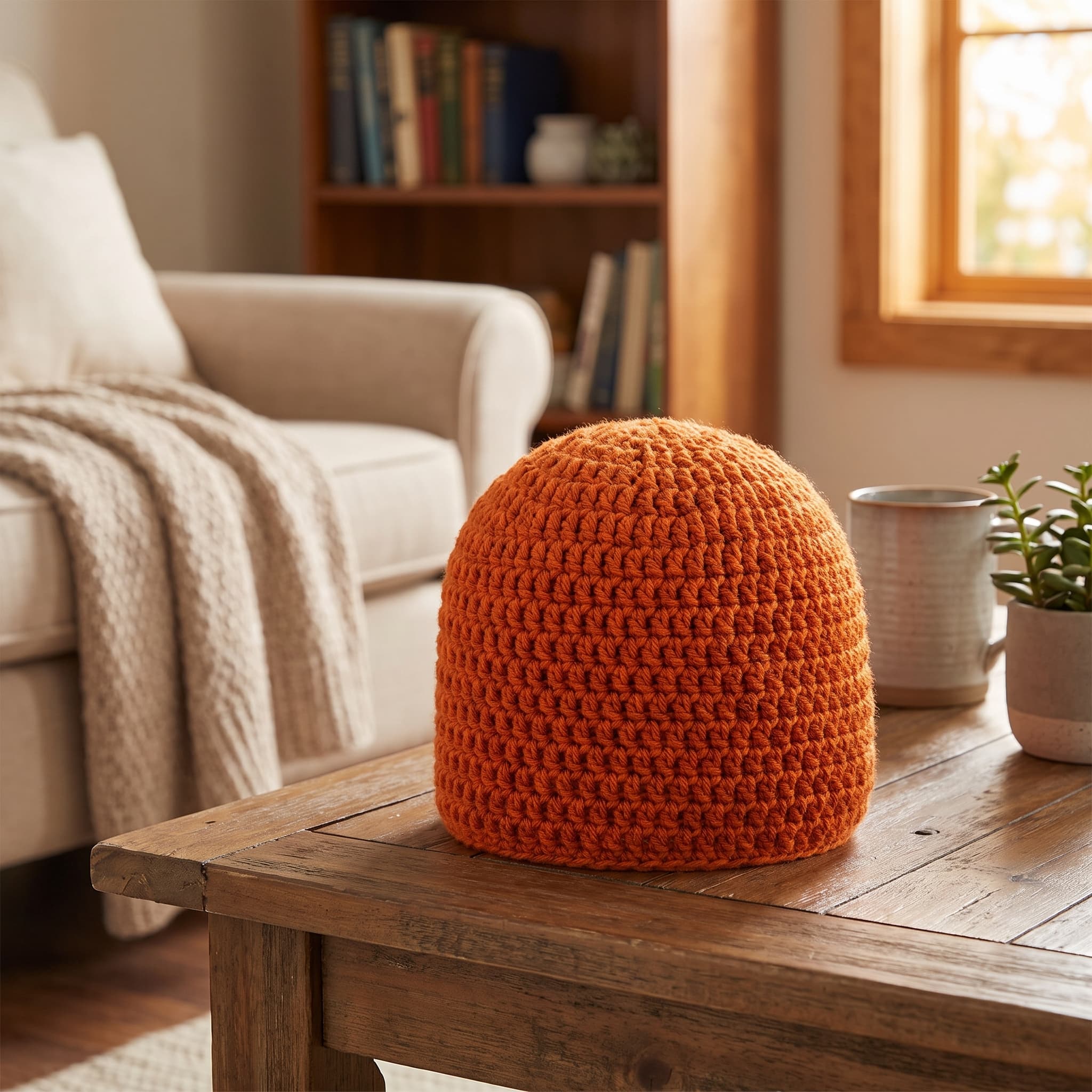 Chunky orange crochet beanie on a wooden table in a cozy, sunlit living room