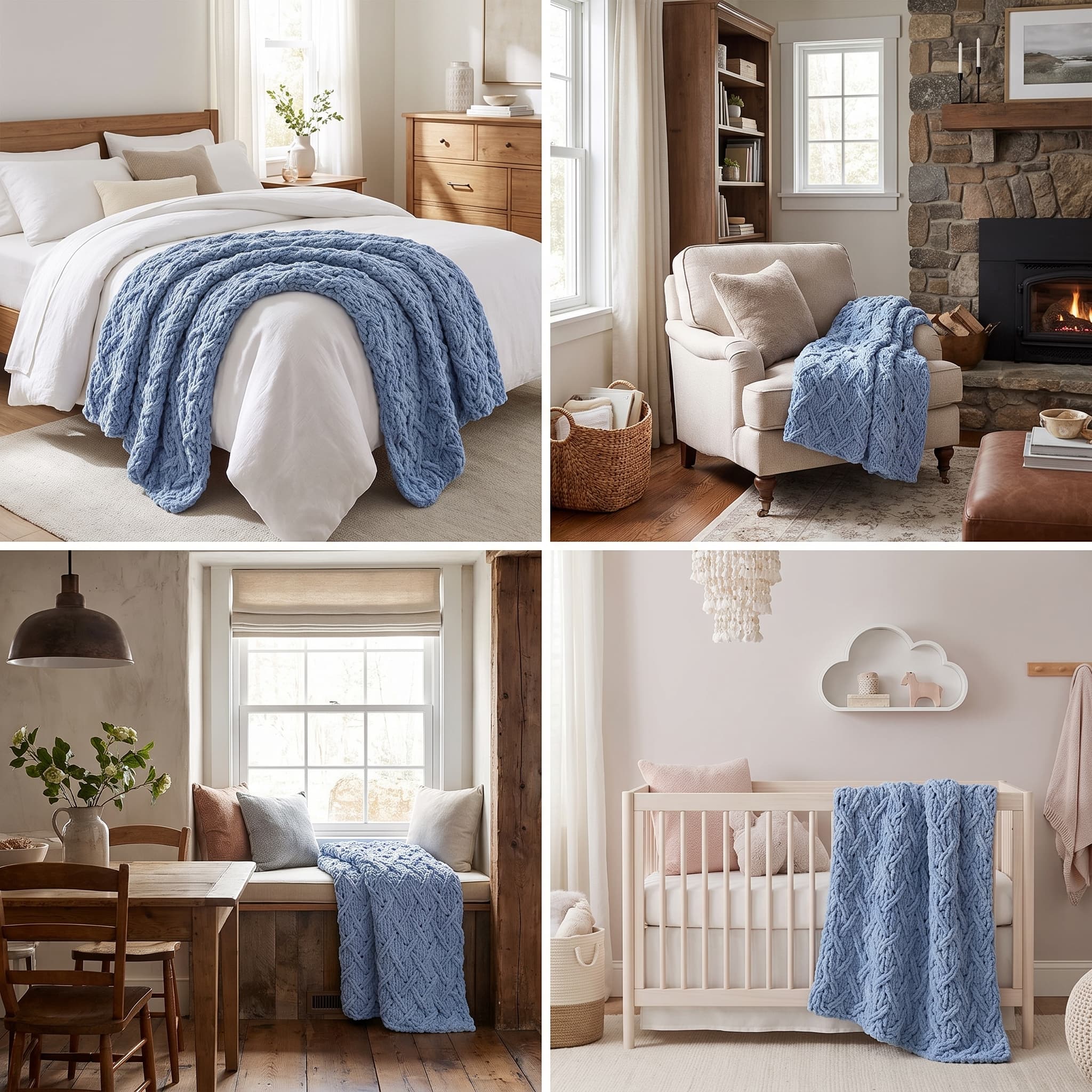 Chunky blue textured crochet blanket draped over a bed and an armchair in bright, cozy rooms