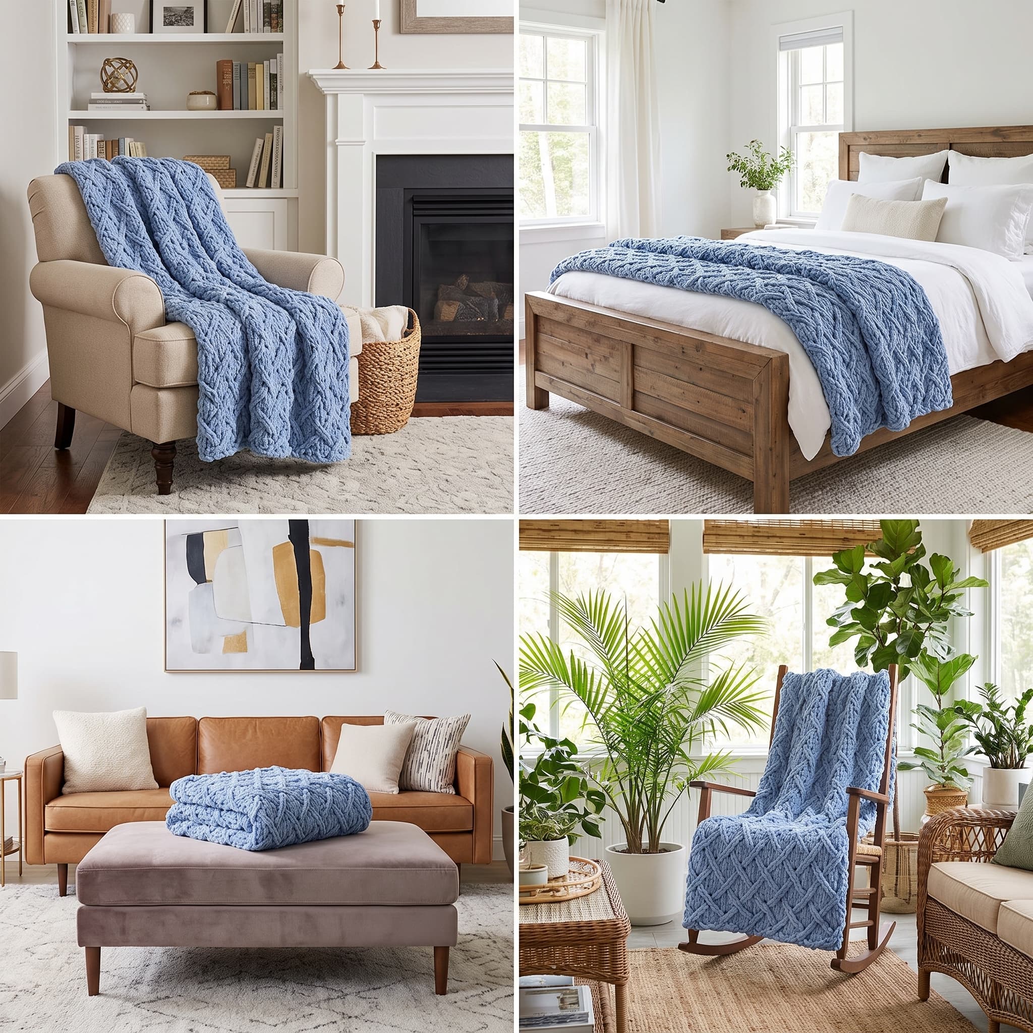 Chunky blue cable-texture crochet blanket draped over an armchair, a bed, and a rocking chair