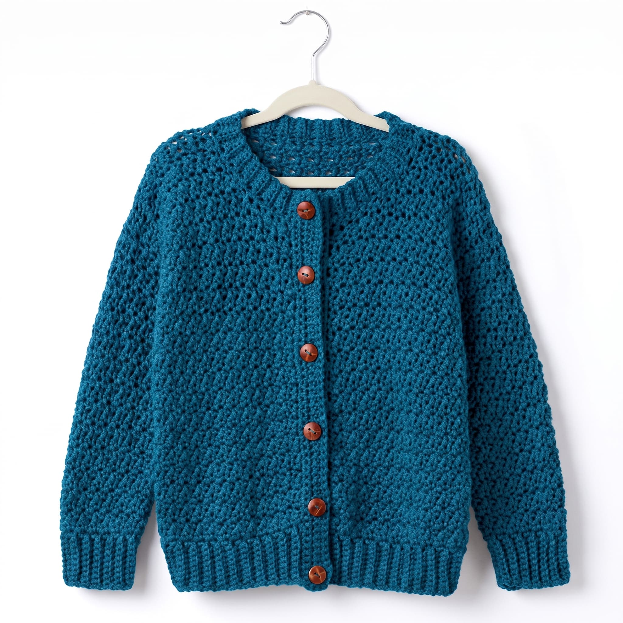 Teal textured crochet crew-neck cardigan with wooden buttons on a hanger