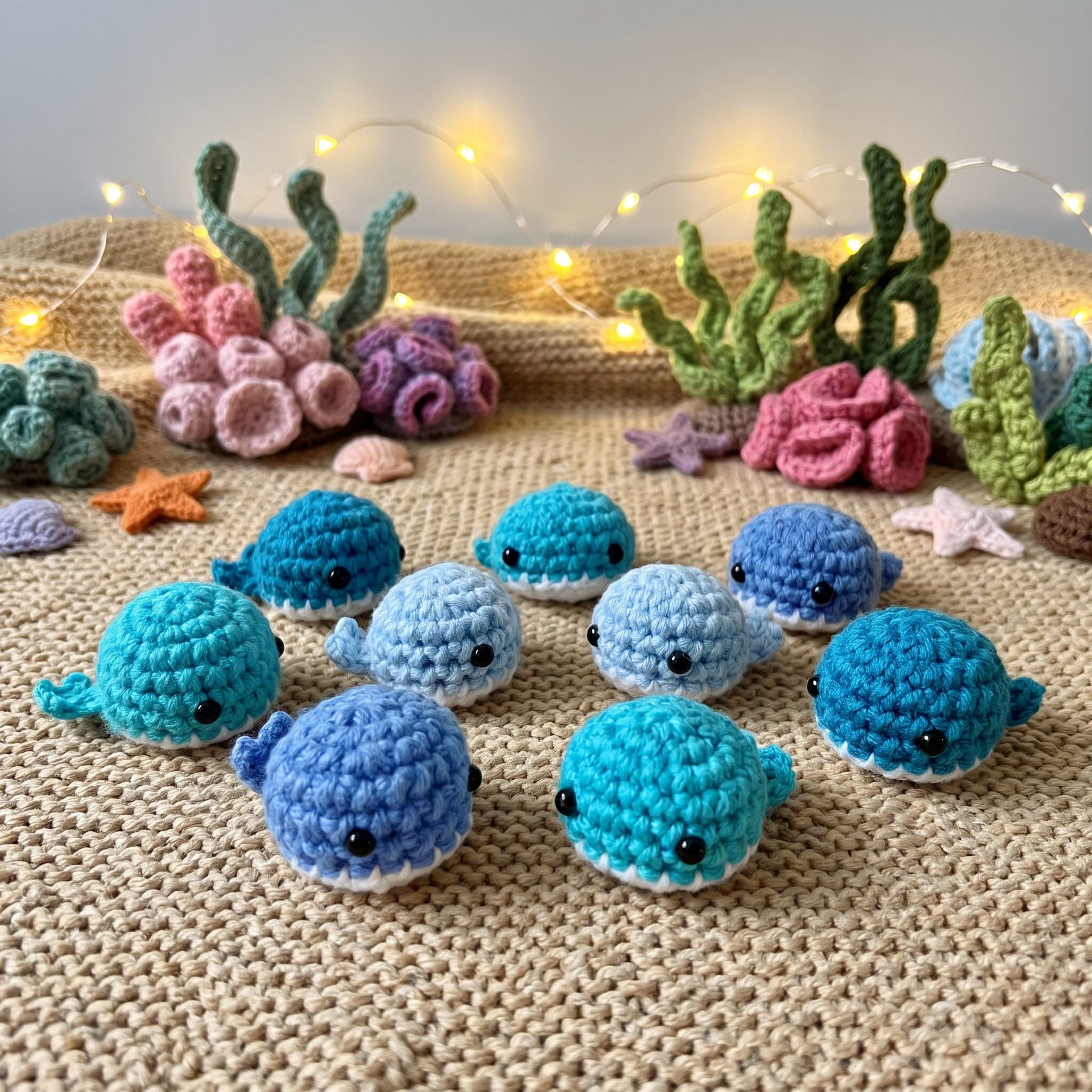 Group of blue and teal mini crochet whale amigurumi arranged with a crochet coral reef and fairy lights