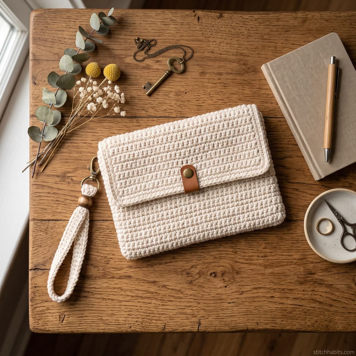 A handmade crochet wristlet pouch with a wrist strap.