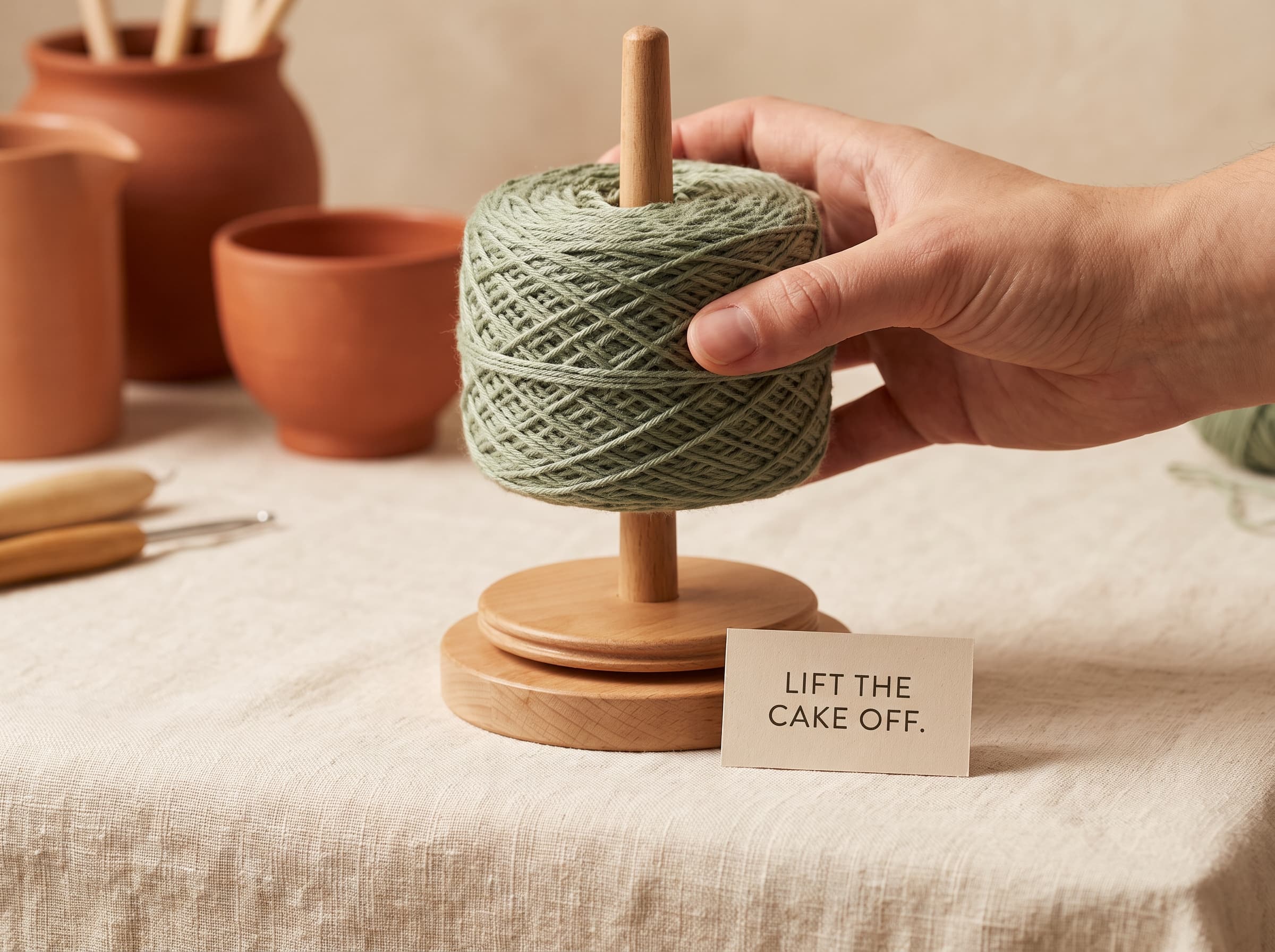 A neatly wound center-pull yarn cake lifted off a winder.