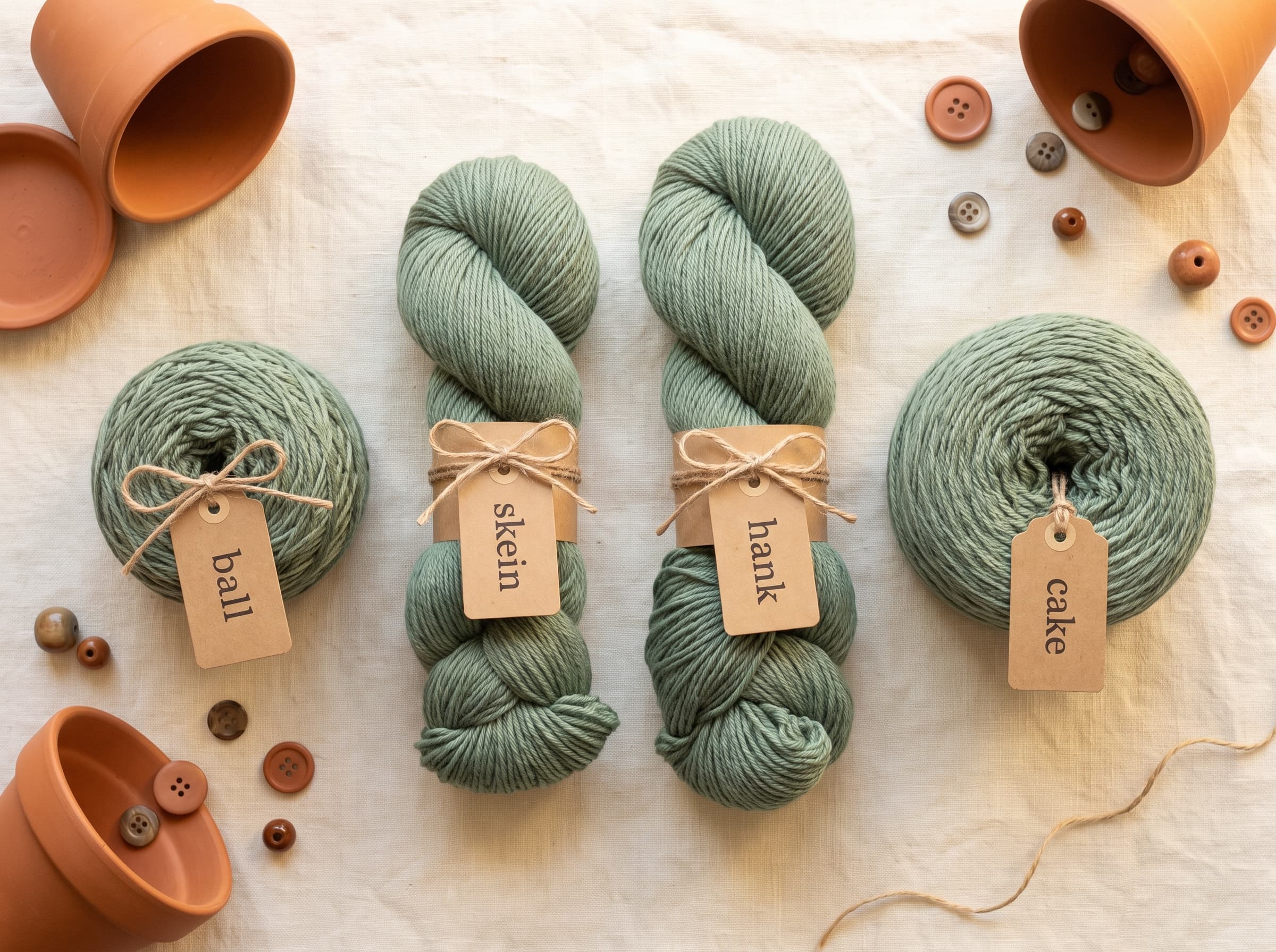 Four yarn forms labeled ball, skein, hank, and cake, shown side by side.