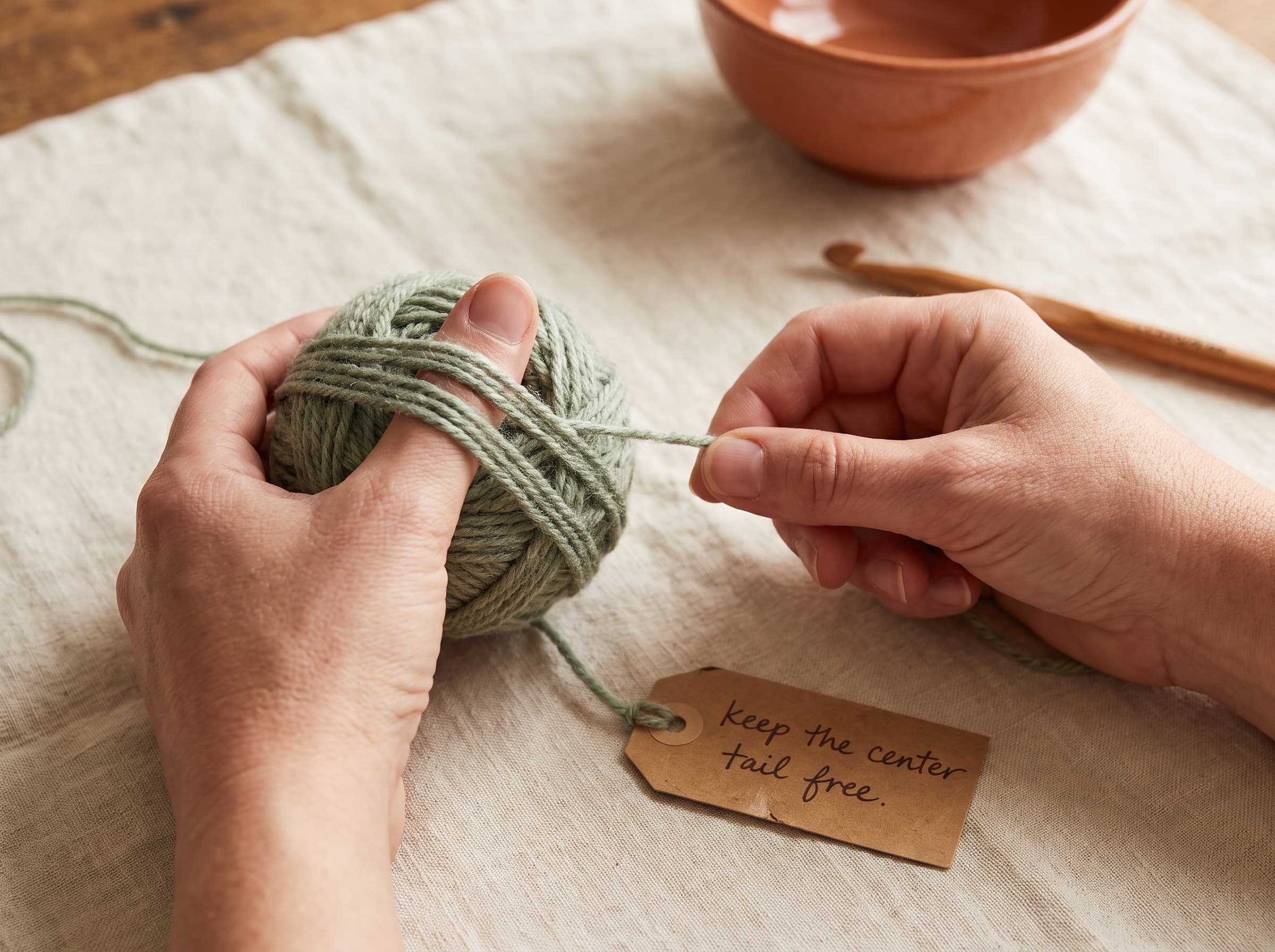 Hands winding yarn into a center-pull ball by hand using a figure-eight around the thumb.