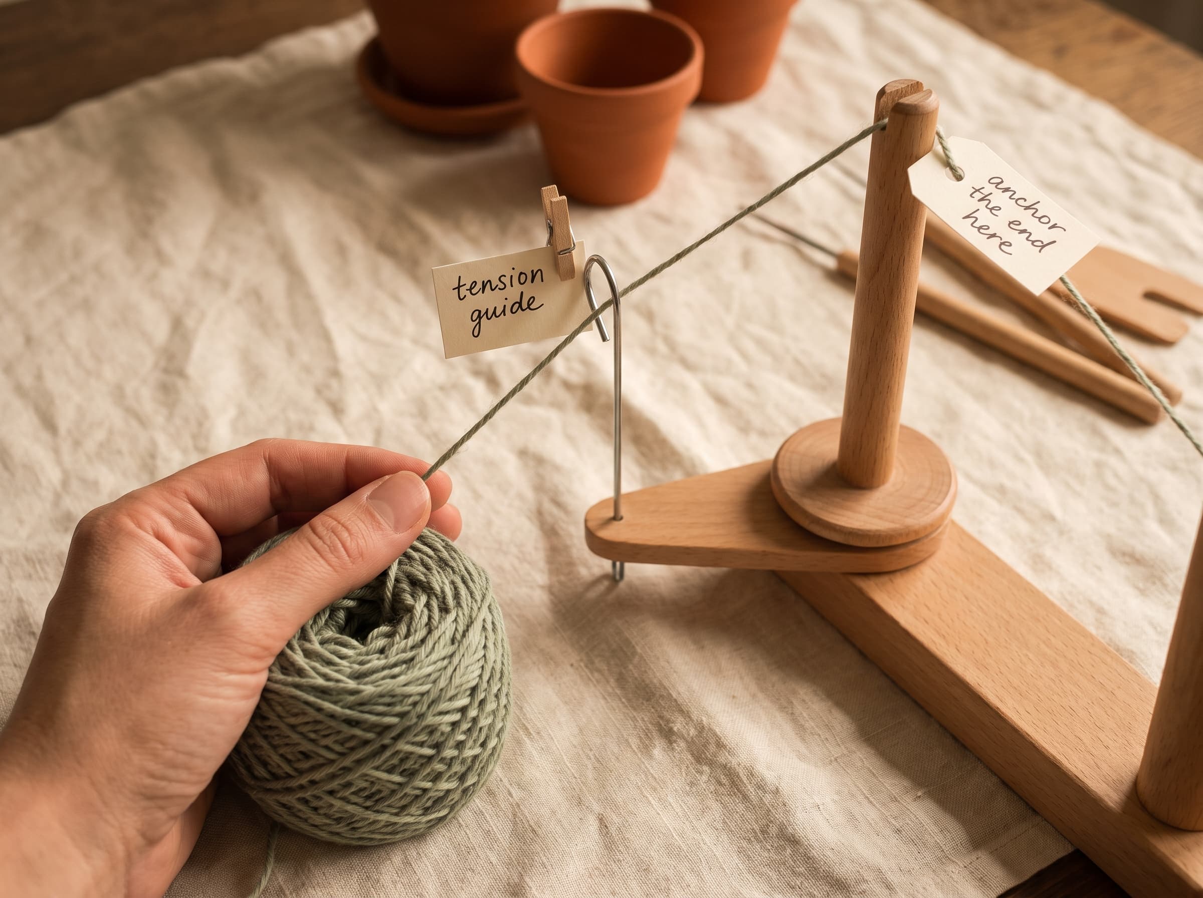 Threading yarn through a yarn winder's tension arm and anchoring the end at the top spindle.